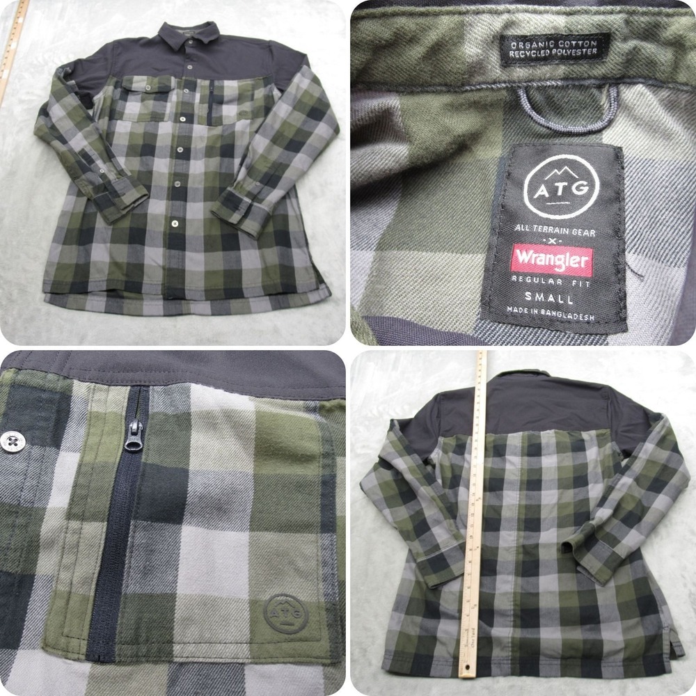 Wrangler ATG Flannel Shirt Mens Small Green Check Regular Fit Shooting Hunt Warm